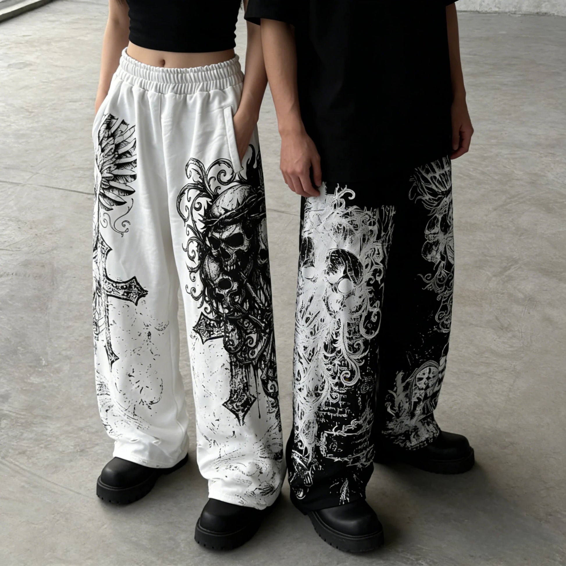 White Skull Gothic Casual Pants Men's American Retro Punk Dark Jogging Pants - APEX RITUAL men's pants