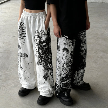 White Skull Gothic Casual Pants Men's American Retro Punk Dark Jogging Pants - APEX RITUAL men's pants