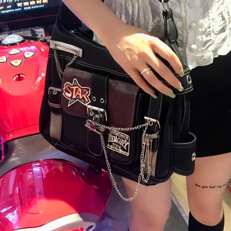 Women Y2k Star Crossbody Bag Pu Leather Fashion Girls Chain Messenger Bags For Students Patchwork School Bag Motor Style 2024