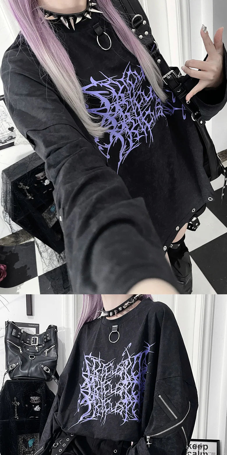 Original Print Subculture Dark Loose Long Sleeve Pure Cotton T-Shirt Japanese Punk Gothic Long Sleeve Round Neck Cool Girl Top