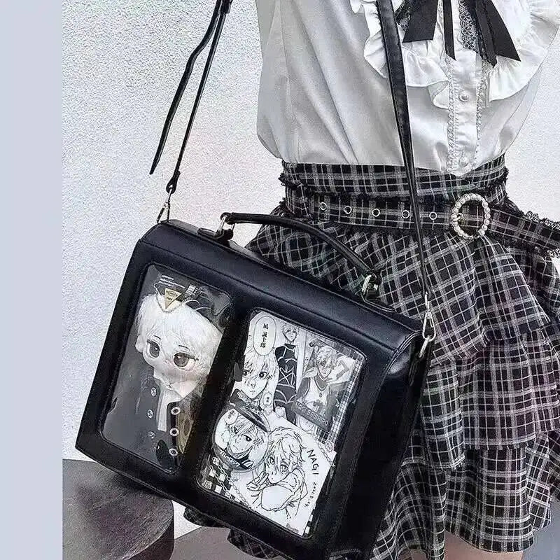 PU Leather Japanese Brown Ita Backpacks Transparent Jk Lolita Pain Bags Flap Pocket Student Shoulder Bags Preppy Style Bag Girls