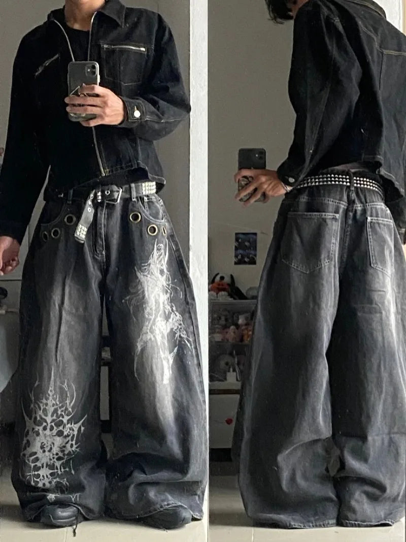 American New Fashion Oversized Pattern Printed Washed Jeans Men Y2K Gothic - APEX RITUAL men's jeans