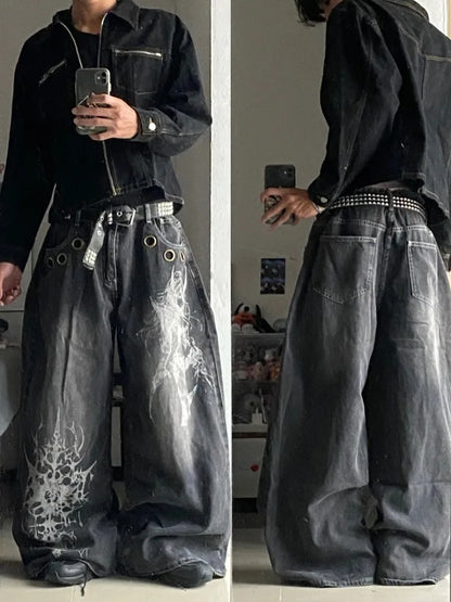 American New Fashion Oversized Pattern Printed Washed Jeans Men Y2K Gothic - APEX RITUAL men's jeans