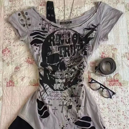 Gothic T Shirts Short sleeve Skulls Casual Punk Hip Hop Street hottie Femme Tshirt Graphic Tees Vintage Clothes 2000s Womens Top