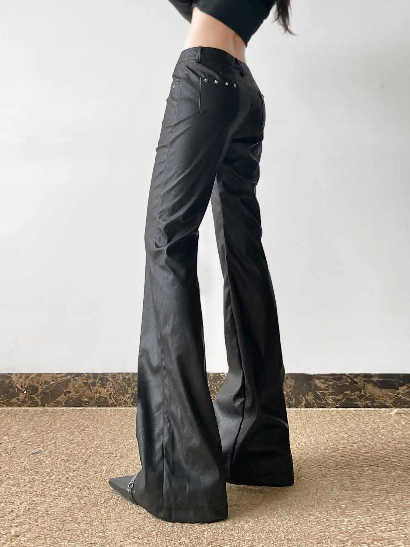 2025 Autumn Winter Women's PU Pants Low Rise Goblin Core Faux Leather Trousers Bell Bottom Gothic Japanese Y2k Stretch 2000s New