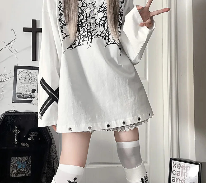 Original Print Subculture Dark Loose Long Sleeve Pure Cotton T-Shirt Japanese Punk Gothic Long Sleeve Round Neck Cool Girl Top