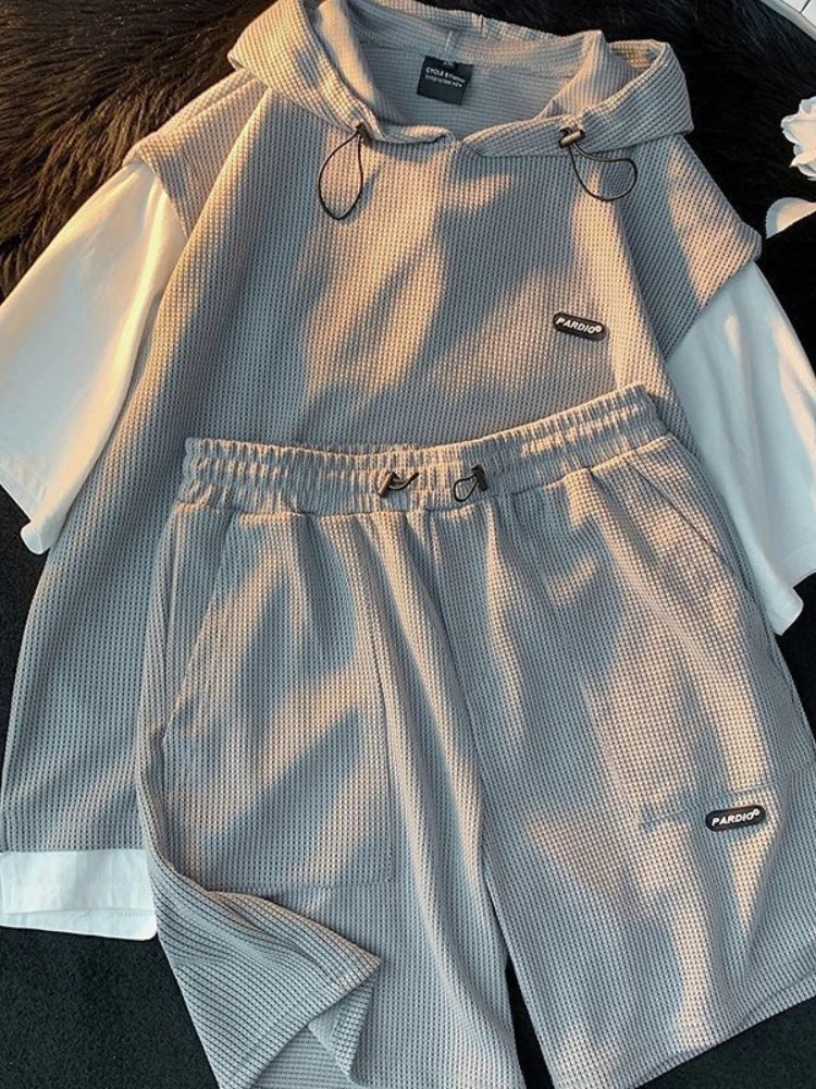 Summer Men's Large Size Sports Suit Breathable Casual Wear Wild High Street Chic Fake Two-piece Casual T-shirt + Simple Shorts
