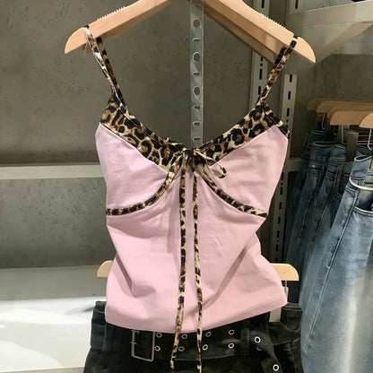 2000s American Vintage Sexy Leopard Camis Y2k Harajuku Slim Lace Patchwork Tanks Summer Streetwear Beach Party Sleeveless Tops