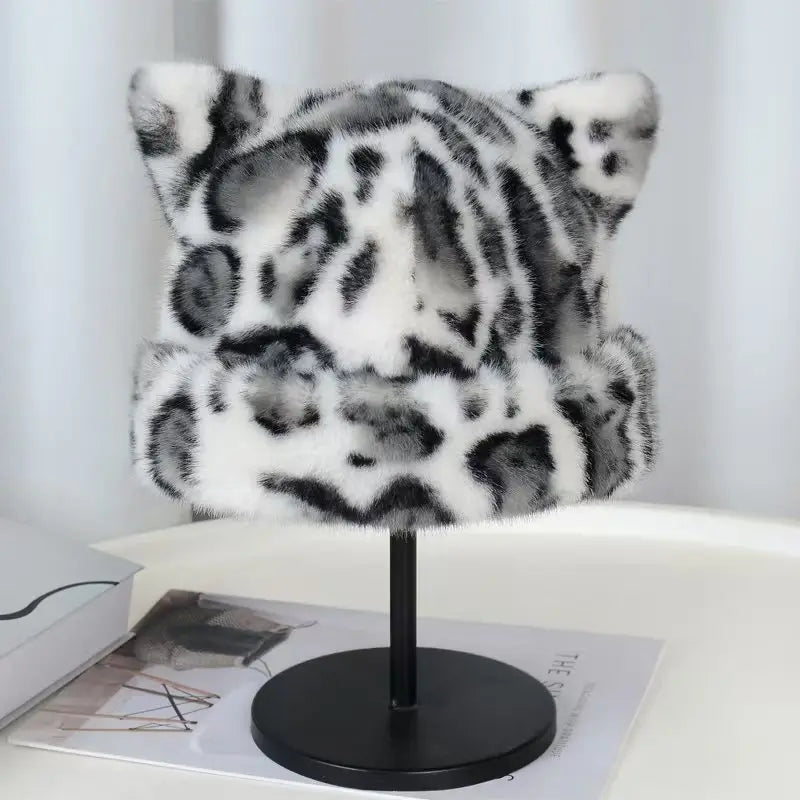 Women's Winter Cute Beanies Hats Fake Fur Keep Warm Leopard Print Rolled Edge Beanie Caps