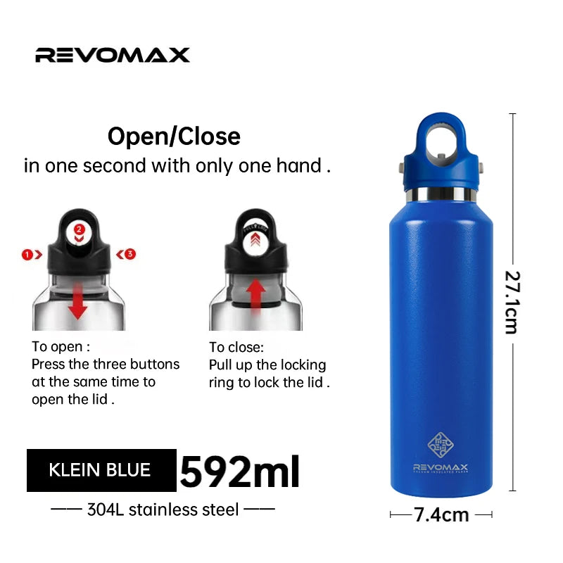 RevoMax-Double Wall Insulated Water Bottle, Outdoor Travel Sports Bottles, Stainless Steel Thermos for Tea, Thermal Cup, 600ml