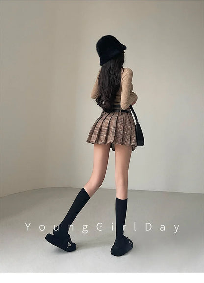 WOMENGAGA Preppy Style High Waist Slim Double Belt Slip Plaid Pleated Skirt Fashion Sexy Korean Women JK Skirts Sweet X8WN