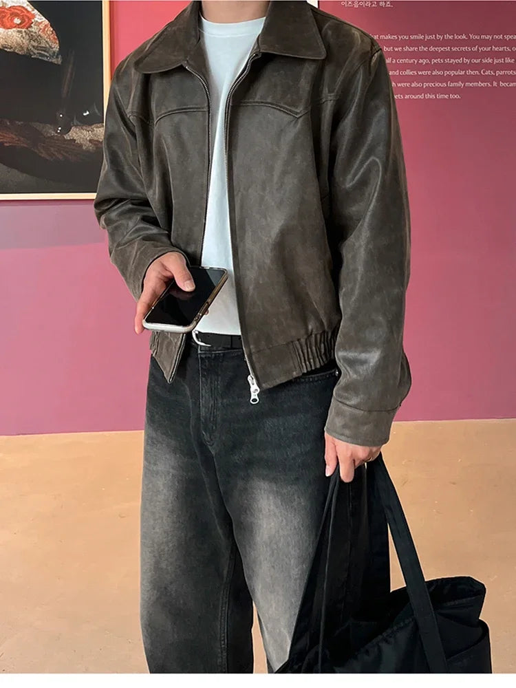 Spring Autumn Vintage Lightweight Distressed Washed Brown Pu Leather Jacket Men Zipper Casual Korean Fashion Clothes