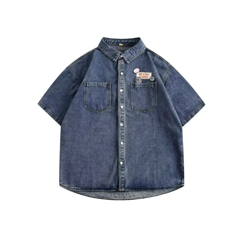 Harajuku Tooling Mens Sets 2024 Summer American Street Retro Denim Suit Hip Hop Printed Cowboy Shirt+Wide Leg Jeans 2-pcs New