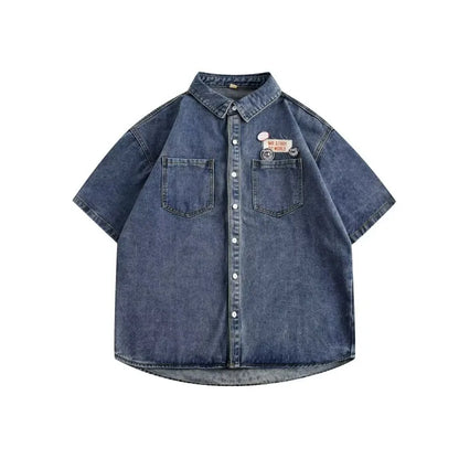 Harajuku Tooling Mens Sets 2024 Summer American Street Retro Denim Suit Hip Hop Printed Cowboy Shirt+Wide Leg Jeans 2-pcs New