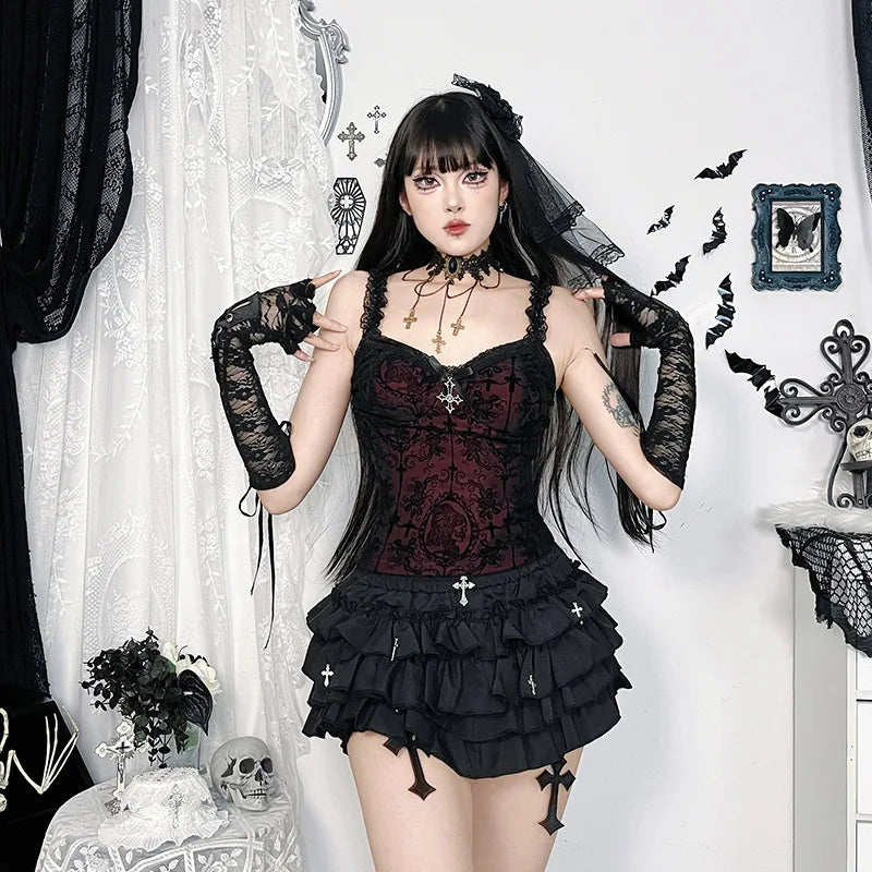 Mall Gothic Spaghetti Strap Tanks Top Hot Sexy V-neck Lace Patchwork Camisole Basic Slim Vests Summer Techwear Women