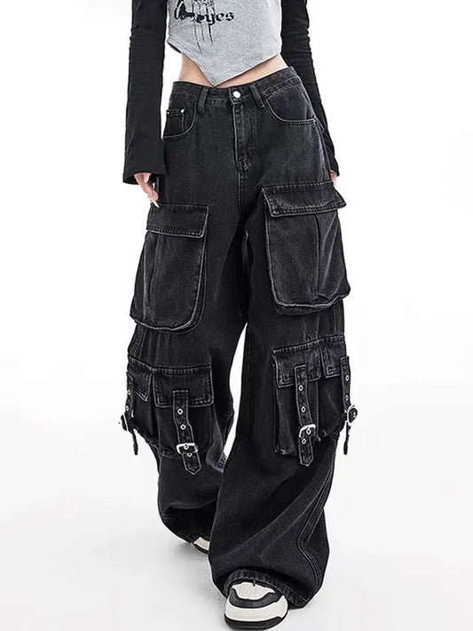Women's Y2K Gothic Cargo Black Jeans