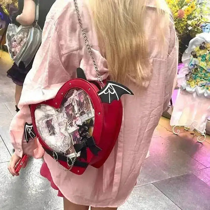 Heart Devil Wings Punk Itabags Belt Buckle Gothic Shoulder Pain Bag PU Leather Y2k Display Chain Crossbody Bag Cosplay Bag Girls