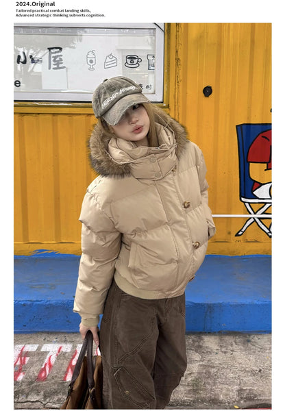 Autumn Winter Fur Hooded Jacket Women Outerwear Thick Dowon Cotton Padded Slim Short Parkas Female Cropped Puffer Bubble Coat