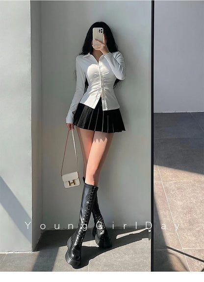  Pleated Skirt with Shorts Women Sexy High Waist White Black A-line Korean Gyaru Mini Tennis Skirt School Girl Summer