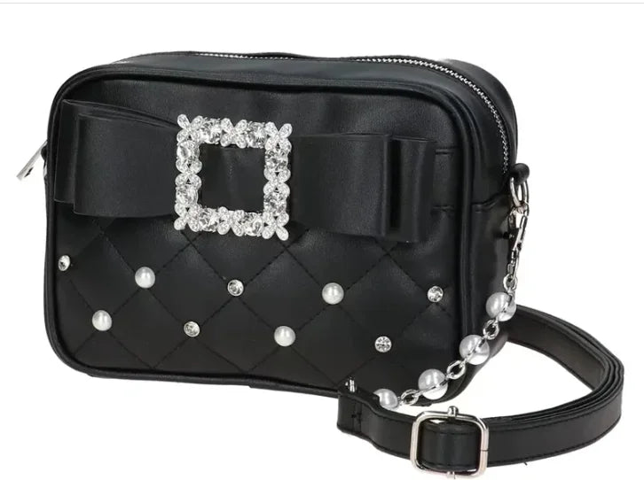 Japanese Style Liz Bag Mine Lolita Love Rhinestone Bow Crossbody Handbag Women Girls Sweet Heart Shaped Pink Pu Shoulder Bag