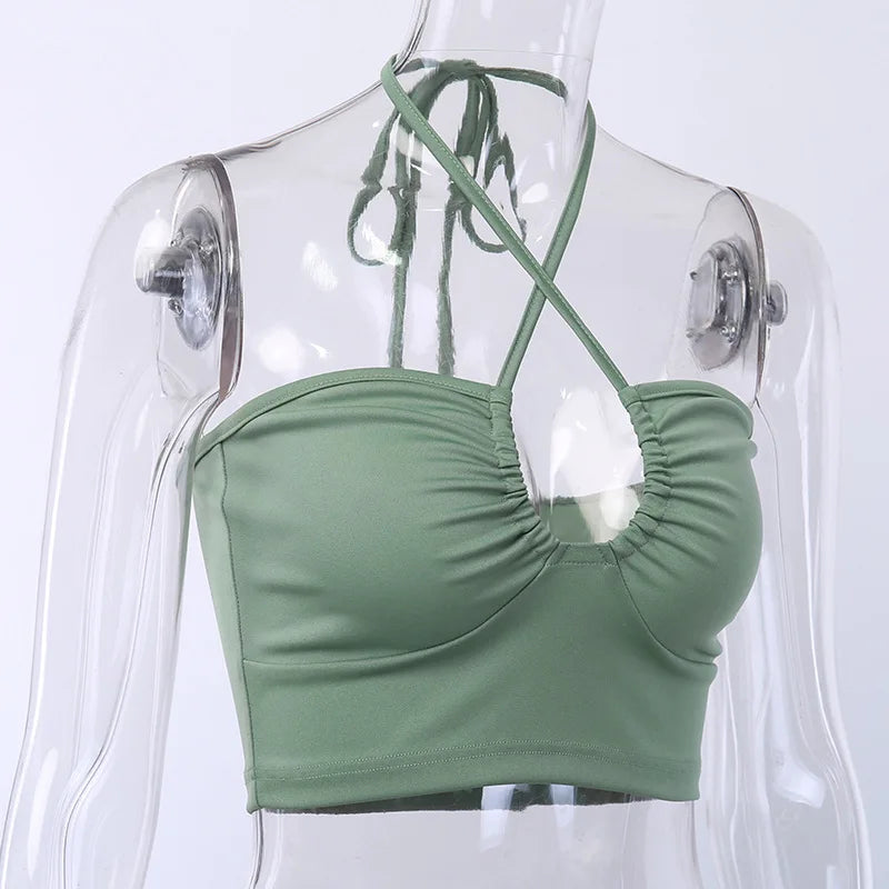Women's Ruched V-Neck Halter Crop Top
