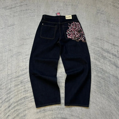 American retro heavy industry men and women black gothic retro casual loose jeans High street coated micro-flare jeans
