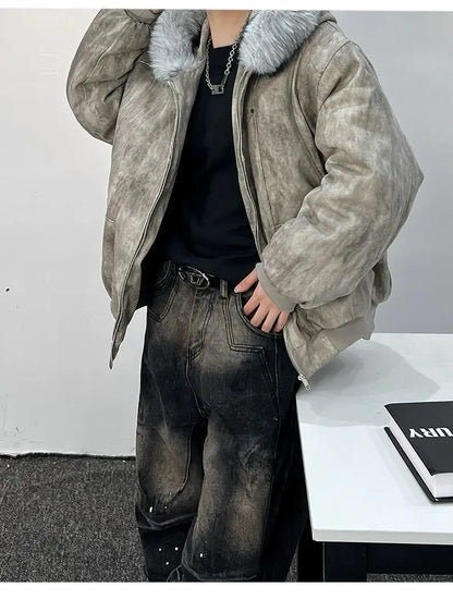 Winter men's cotton jacket with fur collar eagle embroidery and tie-dye design outdoor style jacket thickens and comfortable