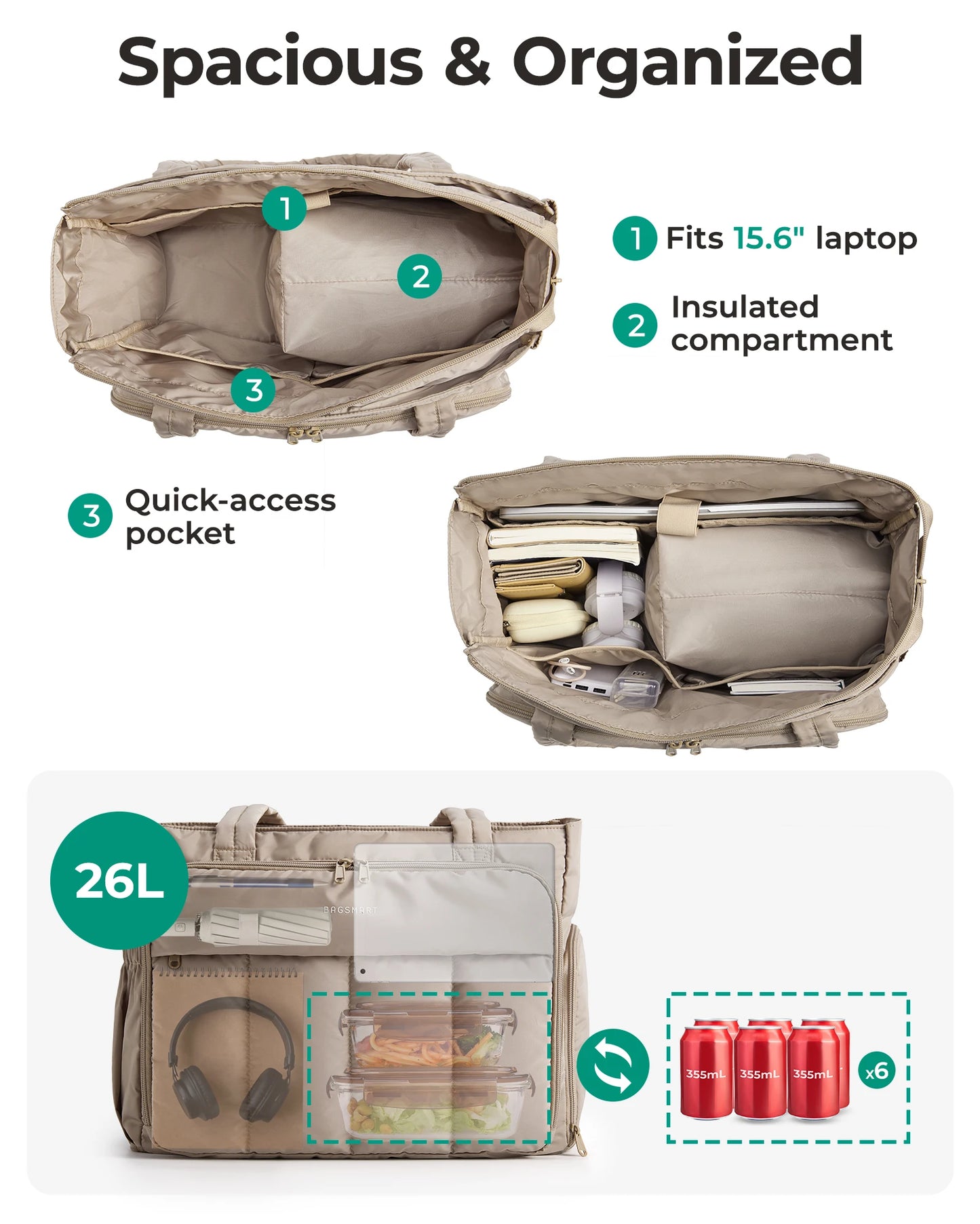 BAGSMART Tote Bag for Women Teacher Tote with Insulated Compartment Puffer Laptop Work Tote Handbags for Work Travel Gym