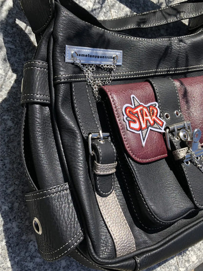 Women Y2k Star Crossbody Bag Pu Leather Fashion Girls Chain Messenger Bags For Students Patchwork School Bag Motor Style 2024