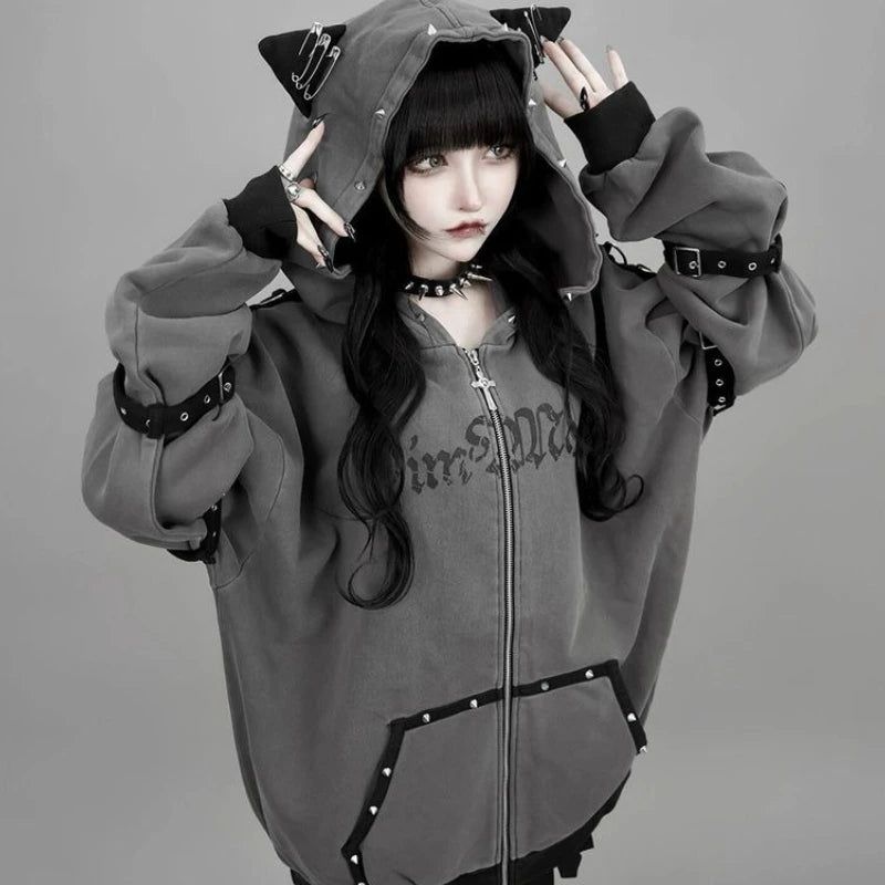 Streetwear Harajuku Hoodies Jackets Women's Hooded Punk Zipper Coat Japanese - APEX RITUAL women's hoodies & sweatshirts