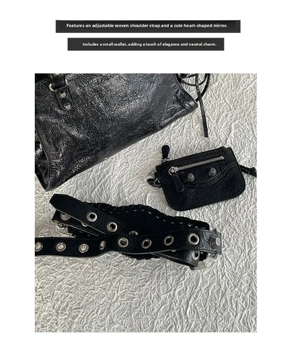 Neo Motorcycle Bag Handheld Rivet Head Layered Oil Wax Cowhide Crossbody Women's Bag Cool And Spicy Girl Retro Style Tote Bag