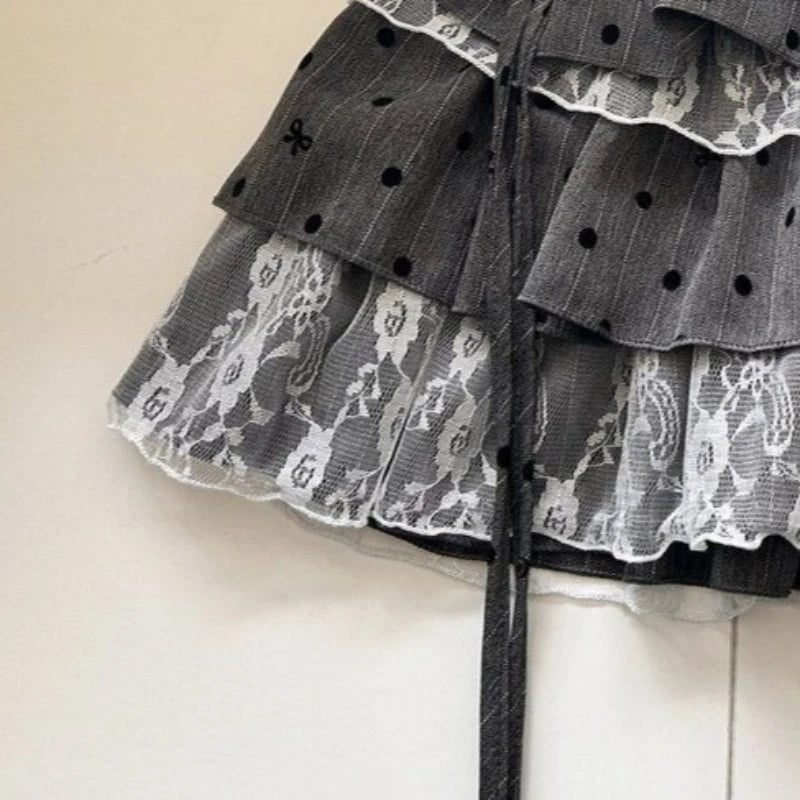 Y2k Harajuku Polka Dot Sweet Skirts Women Vintage Aesthetic High Waist Cake Mini Skirt Lace Patchwork Casual Bandage Kawaii Jupe