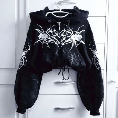 Womens Black Spider Web Print Gothic Style Zip Up Cropped Long Sleeve Hoodie Streetwear Avant Garde Edgy Design Urban Clothing
