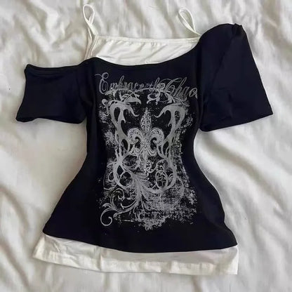 American Retro Fake Two Piece T-shirts Off Shoulder Short Sleeve Y2k Slim Fit Top Tee Skull Print Harajuku Streetwear 2026
