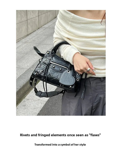 Neo Motorcycle Bag Handheld Rivet Head Layered Oil Wax Cowhide Crossbody Women's Bag Cool And Spicy Girl Retro Style Tote Bag