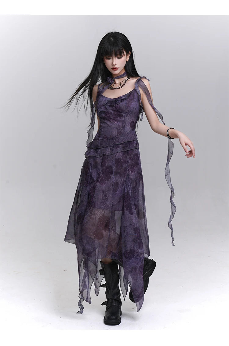 Women's Purple Tie-Dye V-Neck Midi Dress