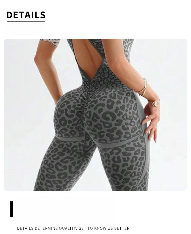 Women's Leopard Print Cross-Back Yoga Jumpsuit