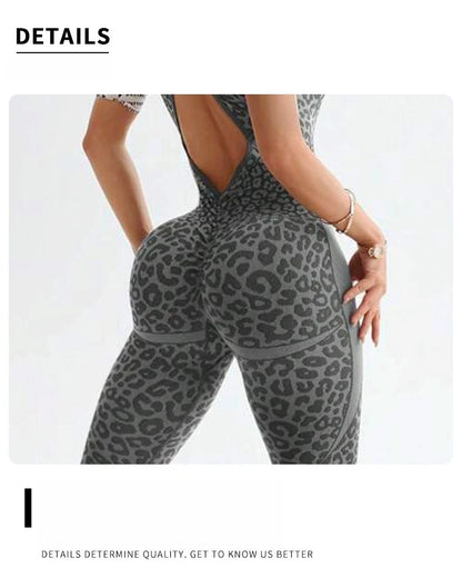 Women's Leopard Print Cross-Back Yoga Jumpsuit