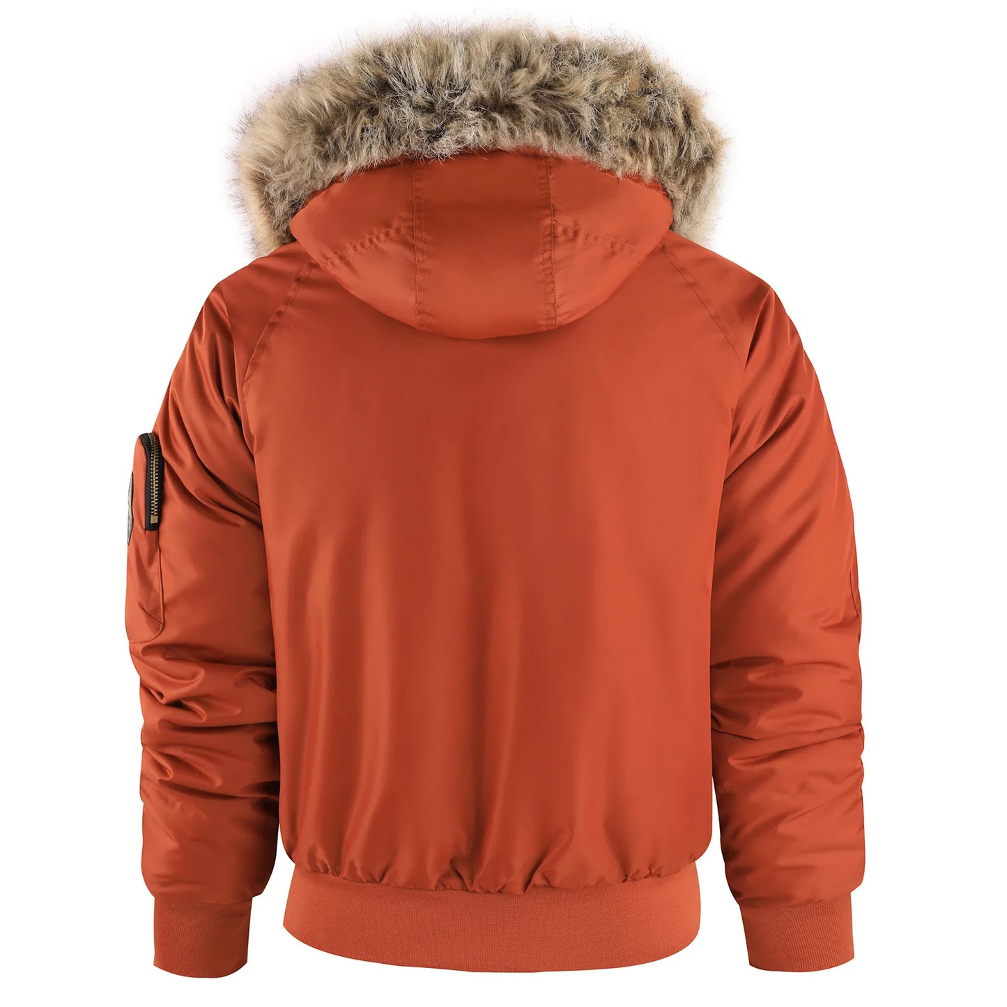 Men's Winter Warm, Hooded Jacket with Raw Edge, Lined Aviator Jacket, Embroidered Badge Design, Windproof and Waterproof Jacket