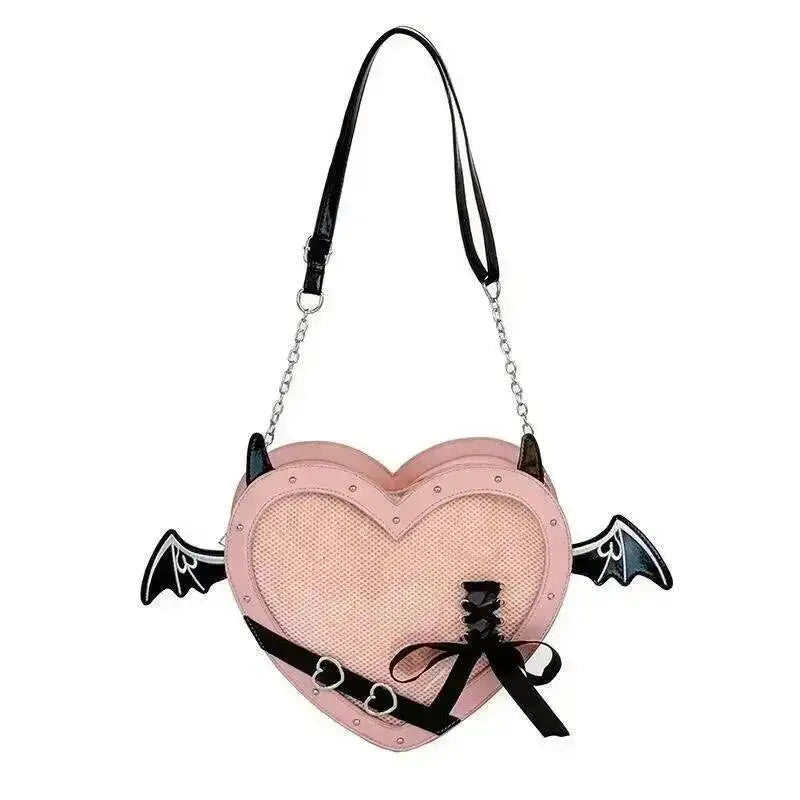 Heart Devil Wings Punk Itabags Belt Buckle Gothic Shoulder Pain Bag PU Leather Y2k Display Chain Crossbody Bag Cosplay Bag Girls