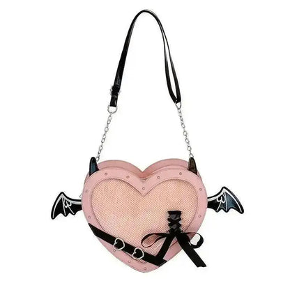Heart Devil Wings Punk Itabags Belt Buckle Gothic Shoulder Pain Bag PU Leather Y2k Display Chain Crossbody Bag Cosplay Bag Girls
