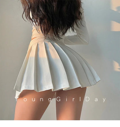  Pleated Skirt with Shorts Women Sexy High Waist White Black A-line Korean Gyaru Mini Tennis Skirt School Girl Summer