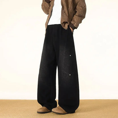 Men's Spring And Autumn Fashion Washed Large Versatile Casual Pants Retro Splicing Nail Beaded Jeans Loose Straight Leg Pants