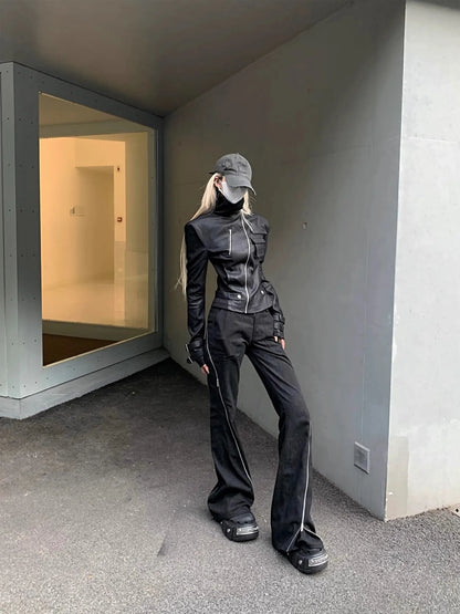 Lautaro Spring Autumn Cool Handsome Short Black Fitted Pu Leather Jacket Women Long Sleeve Zip Up Luxury Designer Clothing 2025