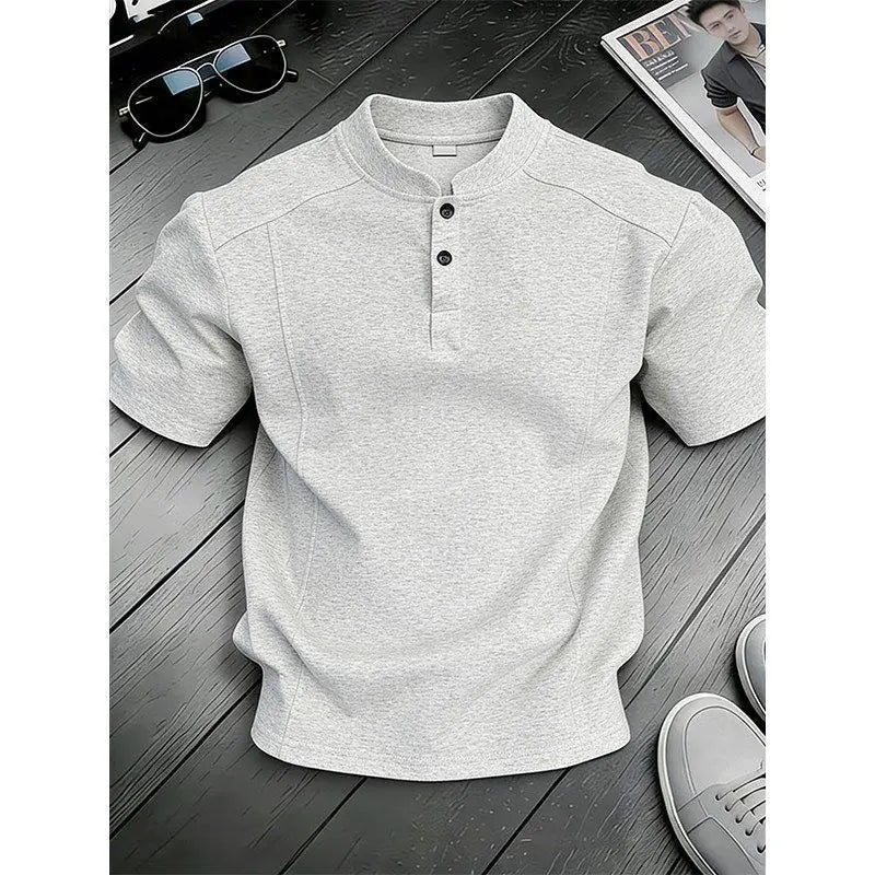 White Henry Collar  Shirt Men's Summer Splice Design Short Sleeve Cleanfit Heavyweight Half Sleeve Business Casual T-Shirt