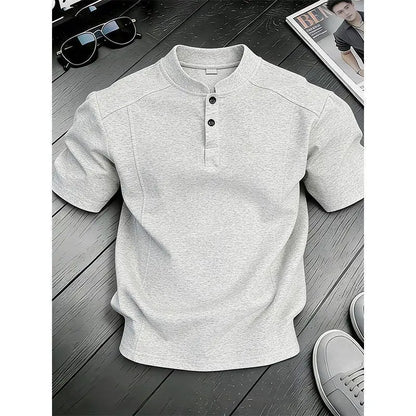 White Henry Collar  Shirt Men's Summer Splice Design Short Sleeve Cleanfit Heavyweight Half Sleeve Business Casual T-Shirt
