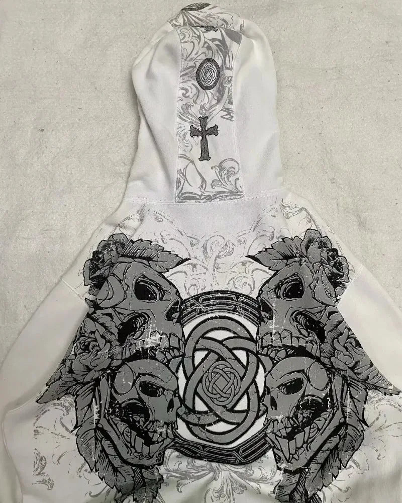 2025 American Vintage Oversized Skull Graphic Zipper Hoodie Men Y2K Harajuku Hip Hop Gothic Couple Casual Joker Sweatshirt Coats