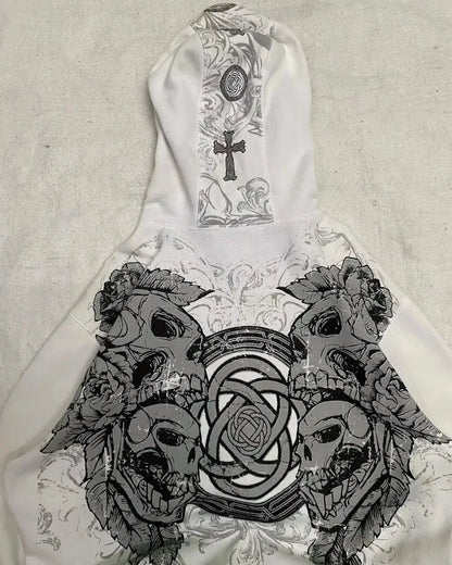 2025 American Vintage Oversized Skull Graphic Zipper Hoodie Men Y2K Harajuku Hip Hop Gothic Couple Casual Joker Sweatshirt Coats