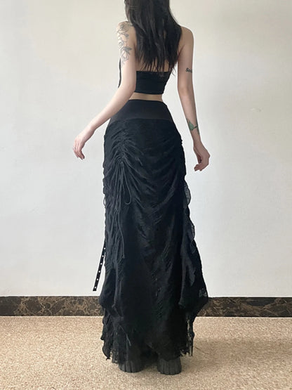 Gothic Long Skirt Bandage Lace Mesh Patchwork High Waist A Line Drawstring Split Black Skirt Irregular Aesthetic Female Fashion