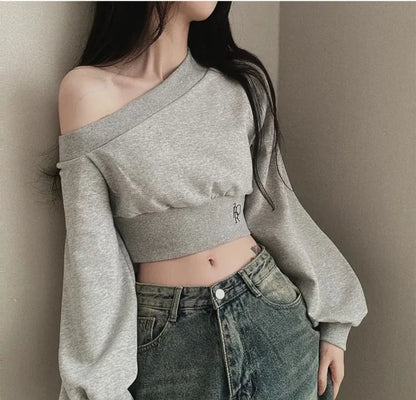 Slim Fit Long Sleeve Hoodie Women's Style Irregular Collar Show Shoulder Waist Cinching Short Length Commute Fashion  Color